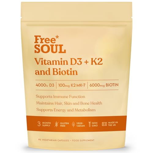 Vitamin D3 + K2 and Biotin, 3 in 1 Complex | High Strength D3 4000IU, K2 MK-7 & Biotin 6000mcg | Immunity, Heart, Hair, Skin, Nails, Support | UK Made | Lab-Tested | 90 Capsules | Free Soul