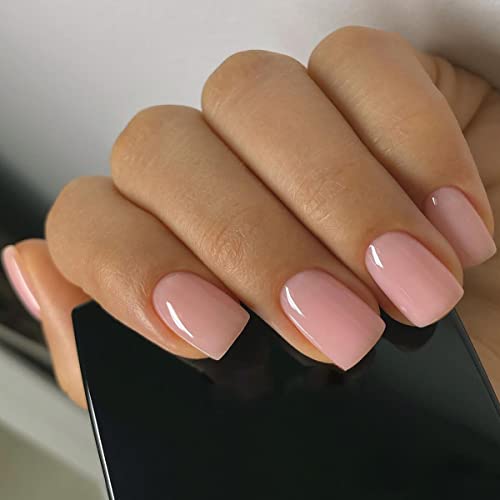 JUSTOTRY 24 Pcs Peach Pink Solid Short False Nails Square Pattern,Glossy Press on Nails, Fake Nails Medium,Reusable Squoval Stick on Nail for Women and Teens Nail Art