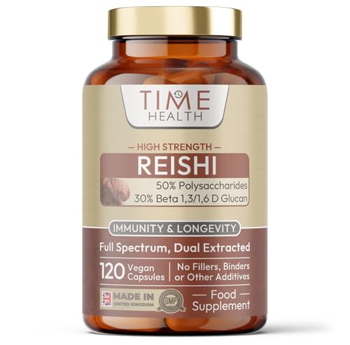 Time Health Reishi (Ganoderma lucidum) - High Strength 50% Polysaccharides / 30% Beta 1,3/1,6 D Glucan - Dual Extracted - UK Manufactured - Zero Additives - Pullulan (120 Capsules)