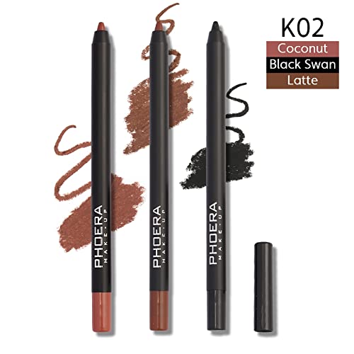 Phoera AQUAPURITY PHOERA® Lip Liner and Eye Liner 3Pcs Set, Long Lasting Eyeliner Pencil, Matte Lip Liner Pencil Set, Easy To Colour, Waterproof Shaping Lip Liner Set for Women and Girls (K02)