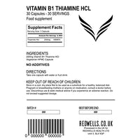 Vitamin B1 Capsules Thiamine REDWELLS No Additives High Strength 200mg - 30 Pack