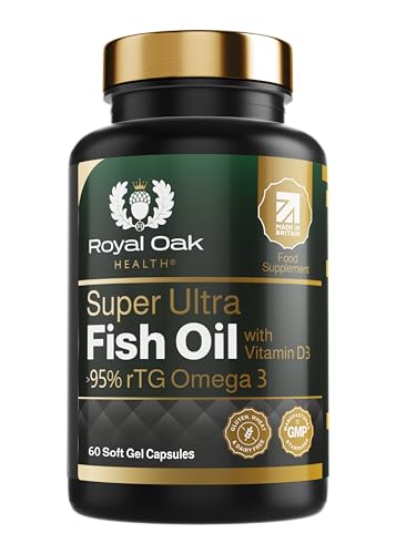 Royal Oak Health Super Ultra Fish Oil with Vitamin D3 & >95% rTG Omega 3 - Soft Gel Easy-to-Swallow Capsules - Gluten Free - Made in The UK