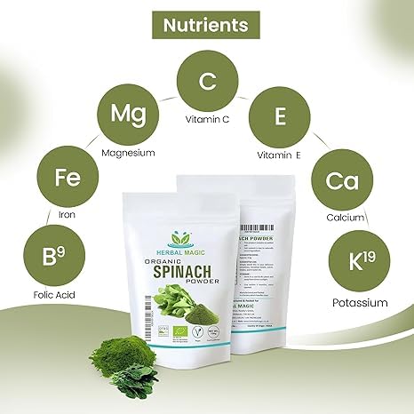 Herbal Magic's Organic Spinach Powder Green Superfood for Smoothies,Juice, Baking Free from Fillers & preservatives of&G Organic Certified (200g (Pack of 1))