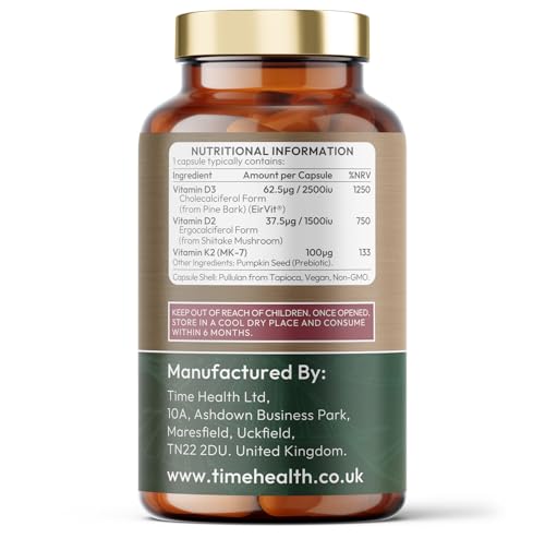 Time Health Vitamin D3, D2, K2, Natural Wholefood Plant Based - Zero Additives - Pullulan (120 Capsule Pouch)