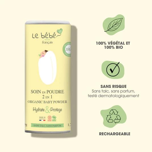 Le bébé français bio Baby Powder Vegan & Organic 2 in 1 - Talc-Free - Change & Milky Bath - Natural moisturises and Protects - Plant Based with Oatmeal & Rice Starch - Sensitive Skin 100g (2)