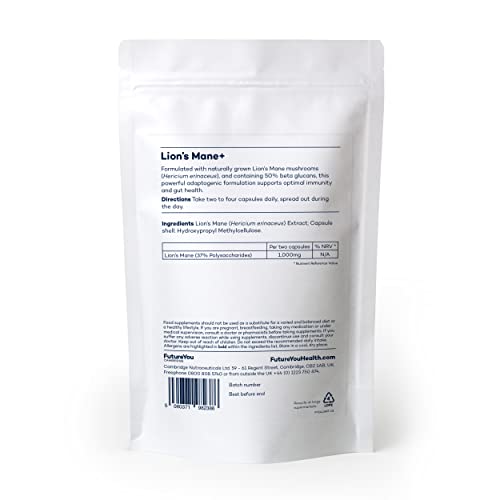 Lion's Mane+ Mushroom Supplement – Immunity & Gut Health Supplements – 28 Day Supply, 56 Vegan Capsules – High Strength Lions Mane Supplement by FutureYou Cambridge