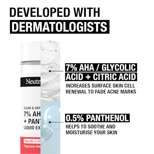 Neutrogena Clear & Defend + Liquid Exfoliant (1 x 125ml), with 7% AHA, 0.5% Panthenol, Glycolic and Citric Acid, Fragrance-Free Face Care, Exfoliates and Renews Skin, Suitable for Spot-Prone Skin