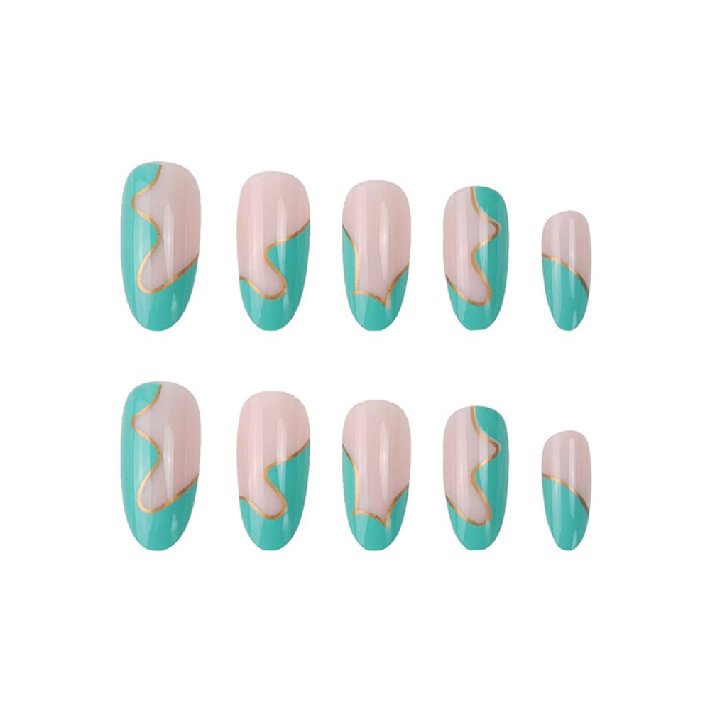 Albiuev 24PCS Medium False Nails with Glue Stickers, Almond Full Cover Acrylic Press on Nails no Glue,Green Waves French Fake Nails for Women and Girls Nail Art