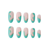 Albiuev 24PCS Medium False Nails with Glue Stickers, Almond Full Cover Acrylic Press on Nails no Glue,Green Waves French Fake Nails for Women and Girls Nail Art