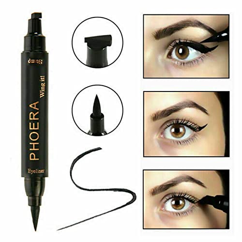 Phoera PHOERA 2 in 1 Wing Cat Eye Liner + Stamp Winged Long Lasting Liquid Eye Liner Waterproof & Smudge proof Makeup Black Eyeliner Pen Winged Eyeliner Pencil - AQUAPURITY (THIN STAMP)