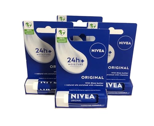 NIVEA Lip Balm Original Care Pack of 4 (4 x 4.8g) Protective Lip Moisturiser with Shea Butter and Natural Oils, Caring Lip Balm for 24h Moisture Care, Lip Care with Melt-In Formula