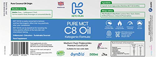 SynBio Keto Plan - Pure MCT C8 Oil [Palm Oil Free] | 99% Pure C8 | Vegan | Halal | Gluten Free | Supports Keto Nutrition & Fasting | Sustainably Sourced Coconut (500ml)