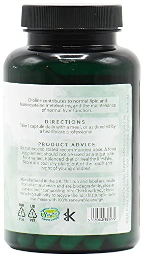 Choline (Bitartrate) & Inositol Capsules | 250mg Choline & 250mg Inositol per Capsule | 120 Vegan Capsules | G&G Vitamins