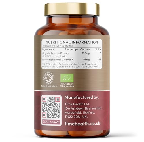 Time Health Organic Acerola Cherry - Freeze-Dried - 26% Vitamin C - 44:1 Extract Ratio - Natural & Wholefood - UK Made - Zero Additives (120 Capsules)