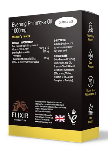 ELIXIR NUTROLOGY Evening Primrose Oil 1000mg 30 Capsules - Supports Women’s Health, Rich in Gamma-Linolenic Acid (GLA), with Vitamin E for Skin Health & Antioxidant Protection.