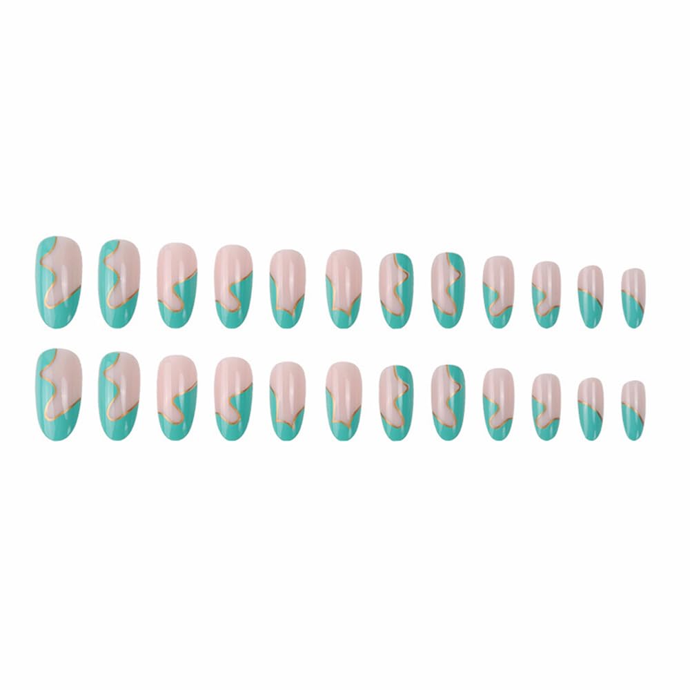 Albiuev 24PCS Medium False Nails with Glue Stickers, Almond Full Cover Acrylic Press on Nails no Glue,Green Waves French Fake Nails for Women and Girls Nail Art
