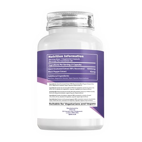 iperk Trans Resveratrol 1000 mg (Per Capsule) 60 Vegan Capsules Non GMO Made in The UK in HACCP ACCREDITED Facilities