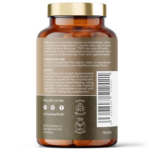 Time Health TMG (Trimethylglycine) - 120 x 750mg Capsules - for Optimal Methylation & Homocysteine Levels - Ultra Pure & High Strength - UK Made to GMP Standards - Pullulan