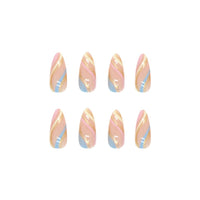 Albiuev 24PCS Short False Nails with Glue Stickers,Almond Full Cover Acrylic and Press on Nails no Glue, Green Flower French Fake Nails Stick for Women and Girls Nail Art.