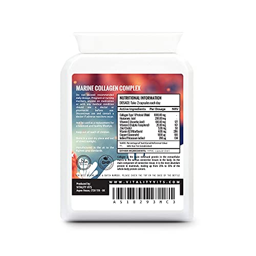 VITALITYVITS Marine Collagen Complex Type 1 - 90 Capsules - Hyaluronic Acid - Hair, Skin, Nails & Joint Support - UK Formula