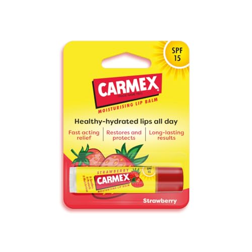 Carmex Strawberry Moisturising Lip Balm Stick for Soft, Protected Lips with SPF 15 (4.25 gm - Pack of 1)