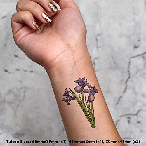 Azeeda 4 x 'Blue Iris Flowers' Temporary Tattoos - Water Resistant, Skin-Safe, Non-Toxic Transfers, Mixed Sizes (TO00050103)