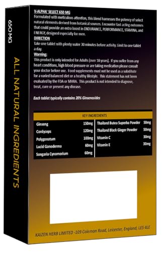 V-ALPHA Select - Longer, Stronger, and Harder – Performance and Stamina Endurance Booster Herbal Supplement for Men with Ginseng – 10 Tablets