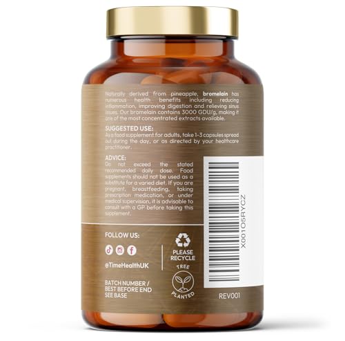 Time Health Bromelain Capsules - High Strength 3000 GDU - Highly Dosed 500mg per Capsule - Naturally Derived from Pineapple - UK Made - Zero Additives - Vegan - Pullulan - 120 Capsules