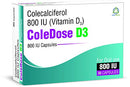 Vitamin D 800 IU –Equivalent to 20 mcg - ColeDose D3, Premium Vitamin - 30 Capsules- One a Day
