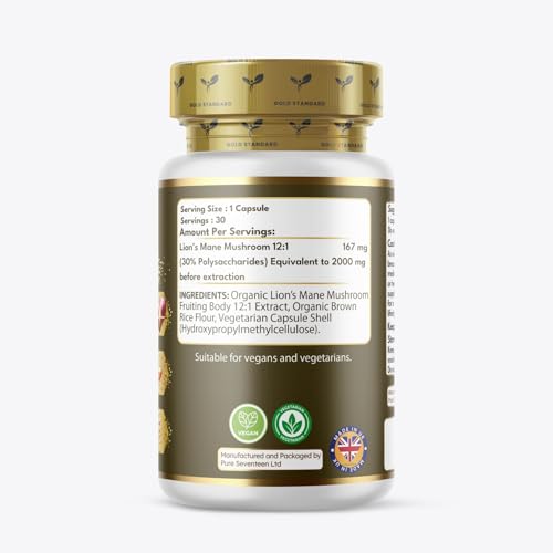 Euphoria Bliss Lions Mane Supplement - 3000mg Lion's Mane Capsules High Strength - 30 Capsules - 100% Pure Lion Mane Mushroom Fruiting Bodies Extract – Vegan - Made in The UK