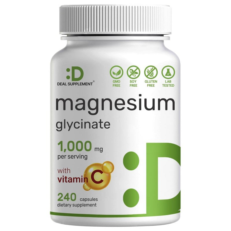 DEAL SUPPLEMENT Magnesium Glycinate 500mg Per Capsule (1000mg Per Serving) Plus Vitamin C, 240 Capsules