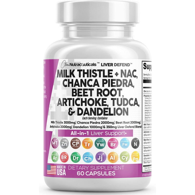 Clean Nutraceuticals Milk Thistle 3000mg NAC Chanca Piedra 2000mg Beet Root 2000mg Artichoke 2000mg Dandelion Root 1000mg - Liver Cleanse Detox & Repair Supplement Plus TUDCA Choline and Ginger - Made in USA 60 Caps