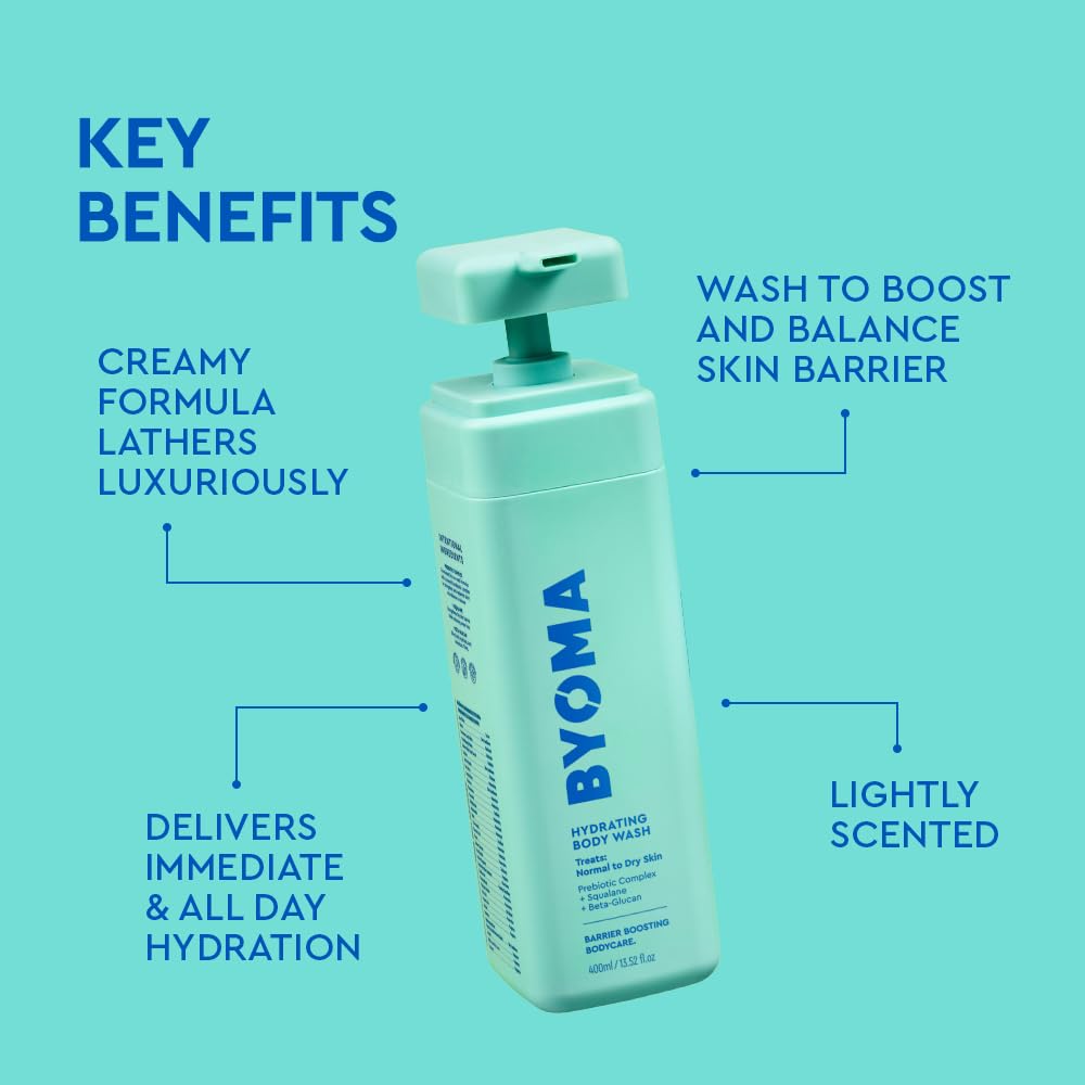 BYOMA Hydrating Body Wash (400ml) For Normal to Dry Skin, with Prebiotic Complex for a Soothing Shower and Hydrated Skin, Vegan