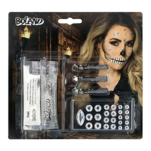 Boland 10239350 45096 Diamond Skull Set (3 pens, 1 Cream Make-up White, 1 Glitter Gel and 25 Gemstones), Multicoloured, Standard Size