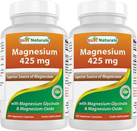 Best Naturals Magnesium 425 mg 180 Veggie Capsules - High Absorption Magnesium Glycinate & Magnesium Oxide Chelated, Non-GMO, Gluten Free Muscle Relax (180 Count (Pack of 2))
