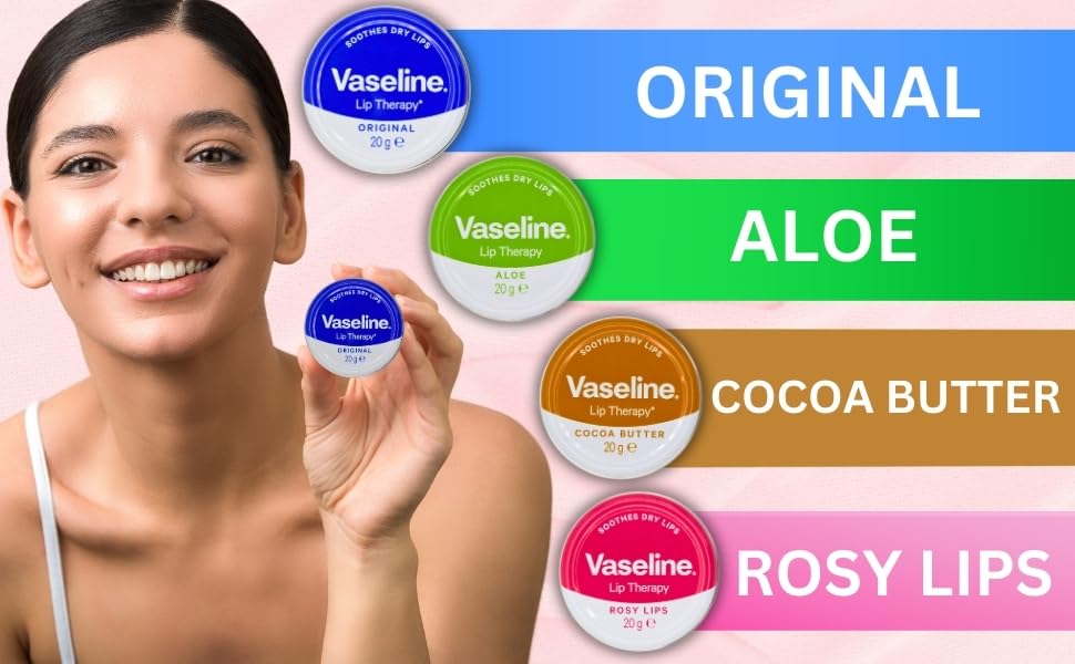 Generic Vaseline Lip Balm - Petroleum Jelly - Lip Therapy - Original, Coco Butter, Alo VeraAnd Rosy 20g Tin - Soothes Dry Lips - Pack Of 4