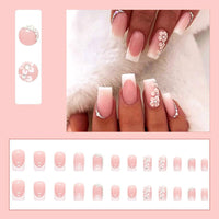 ZDHSOY 24Pcs French False Nails White Tip - Medium Square Fake Nails French Tip Press on Nails, Pink Full Cover False Nails with Rhinestones & Flowers Designs for Women Girls (Flower Design)