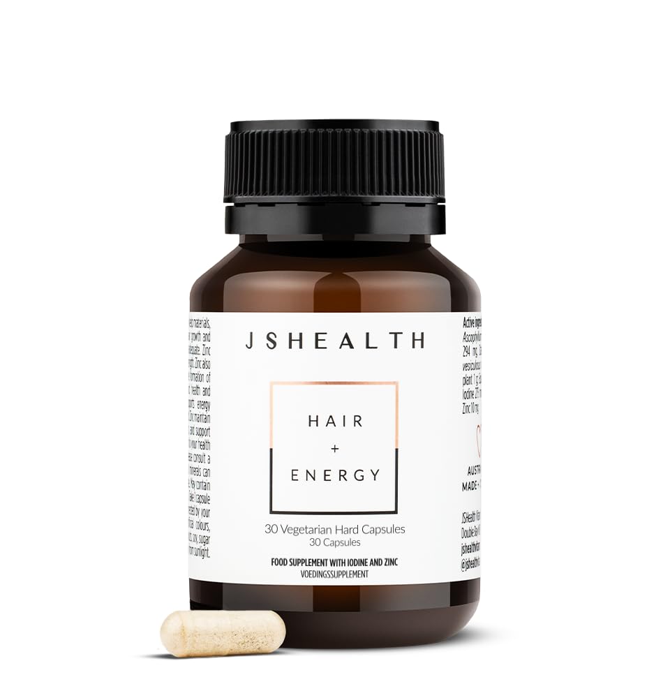 JSHealth Vitamins Hair and Energy Formula, Hair Growth Supplement for Women and Men, Zinc and Iodine Capsules for Healthy Growth, Hair Loss Support, 30 Capsules