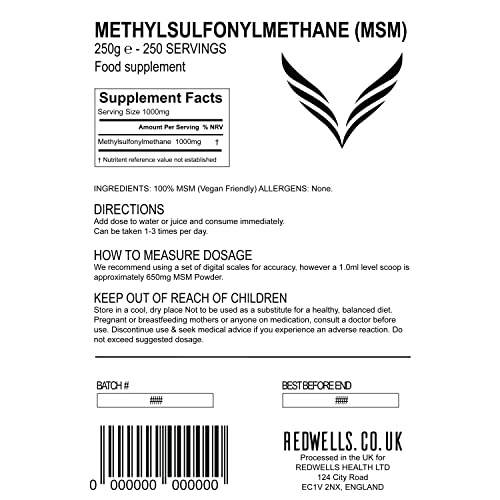 MSM Powder REDWELLS Crystalline Methyl Sulfonyl Methane GMO Free - 250g Pack