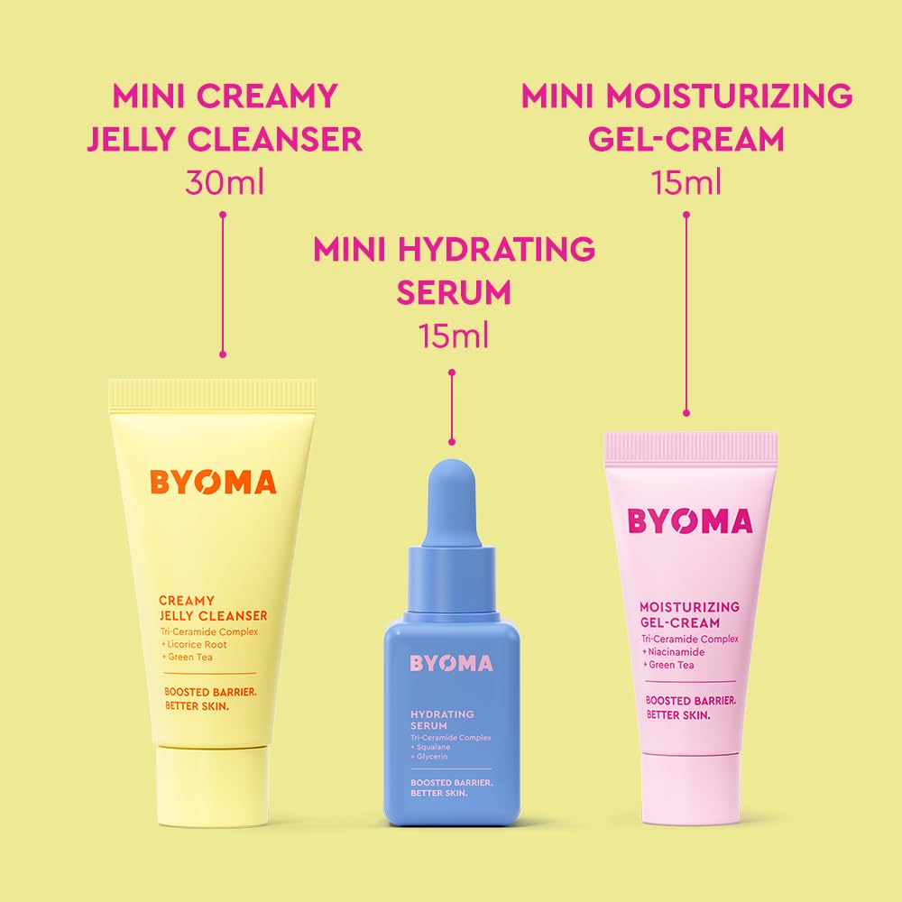 BYOMA So Hydrated Travel Size Gift Set - Barrier Repair Skincare Minis (30ml, 15ml, 15ml) Creamy Jelly Cleanser, Hydrating Face Serum & Ceramide Face Moisturizer for Dry Skin | Holiday Essentials