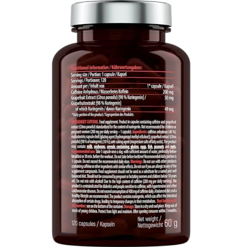 Essensey Caffeine 200mg Capsules - High Dose of Caffeine - Added Grapefruit Extract 50mg - Energise Your Day with a Natural Boost of Physical and Mental Performance - Dietary Supplement - 120 capsules