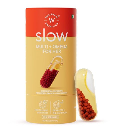 Wellbeing Nutrition Slow | Multivitamin for Her | 100% RDA of 22 Essential Vitamins & Minerals | Astaxanthin & Cranberry in Vegan Omega Oil | Energy, Immunity, Skin & Hair, PMS Support (60 Capsules)