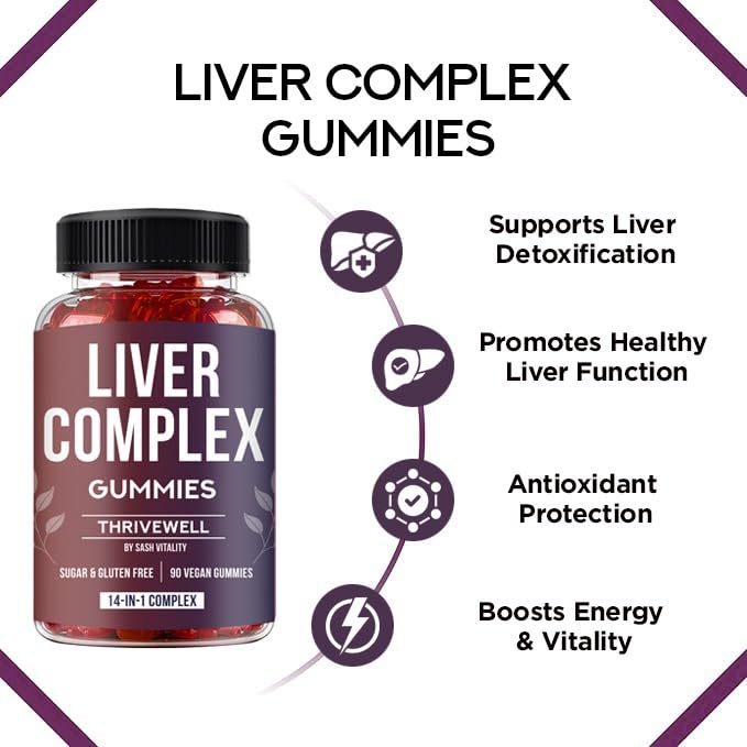 SASH Vitality Liver Detox Complex Gummies | 14-in-1 Vegan Formula with Turmeric, Artichoke & More | Sugar-Free, Gluten-Free | Liver Support | 90 Vegan Gummies | Gel/Candy Supplement