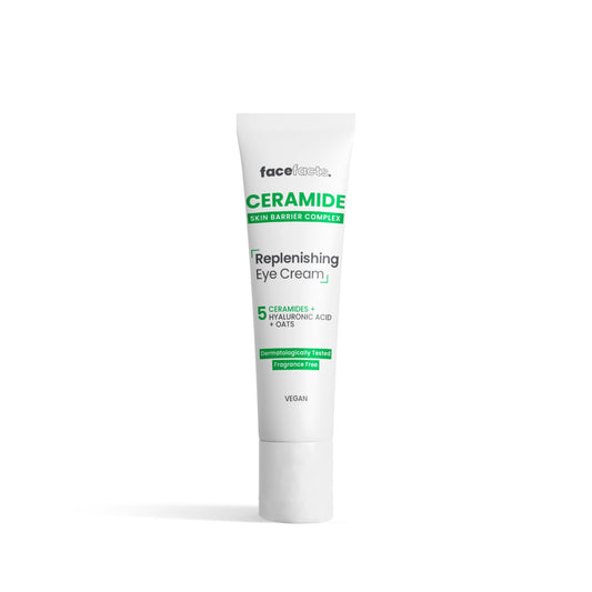 Face Facts Ceramide Eye Cream; Hydrates delicate skin; Strengthens skin barrier, reduces puffiness and dark circles; 5 Ceramides, Hyaluronic Acid, soothing Oats, Glycerin and Vitamin E; 15ml
