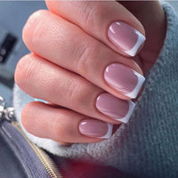 Maggidea French False Nails, Short Square White Tip Stick on Nails, 24pcs Strong French Style Press On Nails with Glue Classic Elegant White Tips Design Fake Nails for Women Girls (Short Square- Pink)