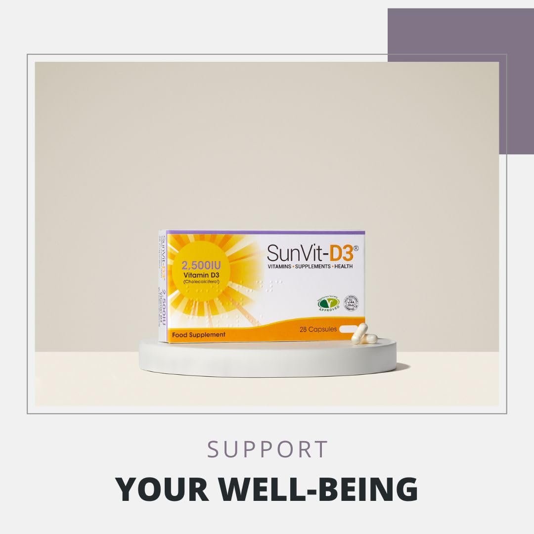 SunVit-D3 High Strength Vitamin D 2500iu Capsules - Cholecalciferol Vitamin D Capsules Support the Maintenance of Bone, Teeth, Muscle & Immune System | UK Made & GMP Approved - D3 Vitamins 28 Capsules