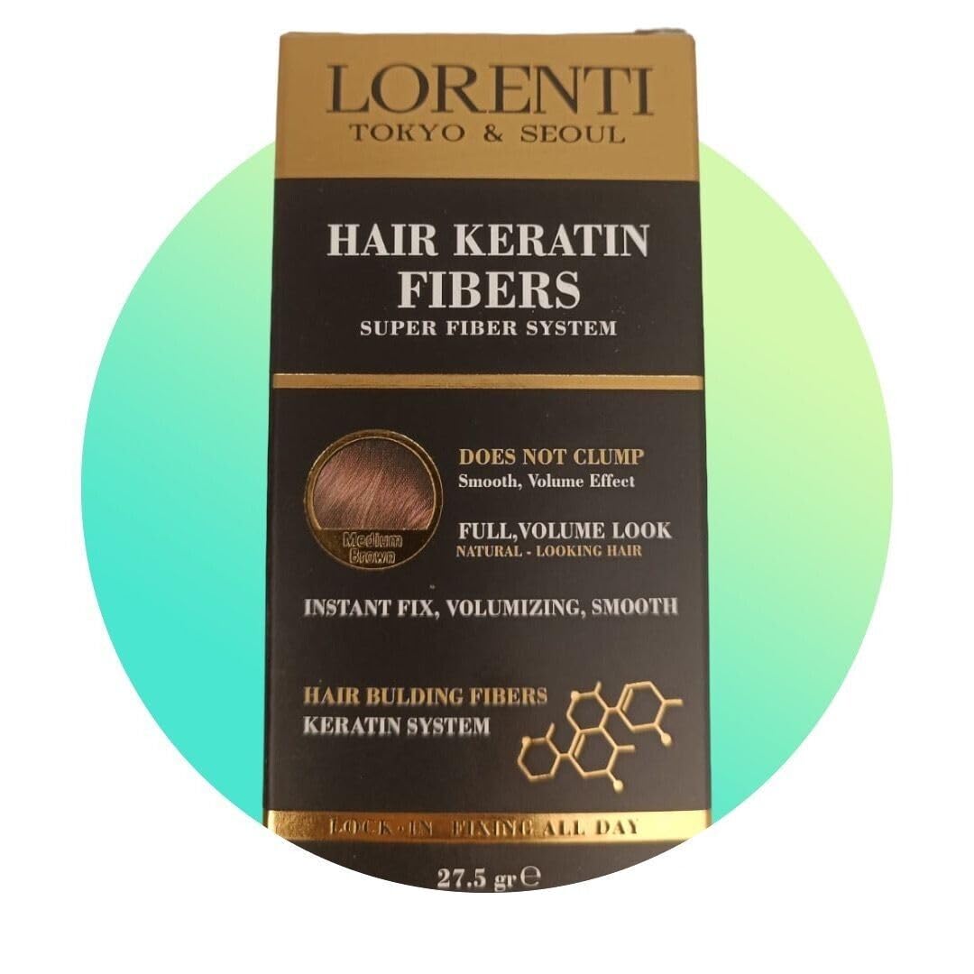 Lorenti Hair Keratin Fibers | Hair Building Powder | Instant Fix, Volumizing Smooth | No Clump | Medium Brown 27.5 gr