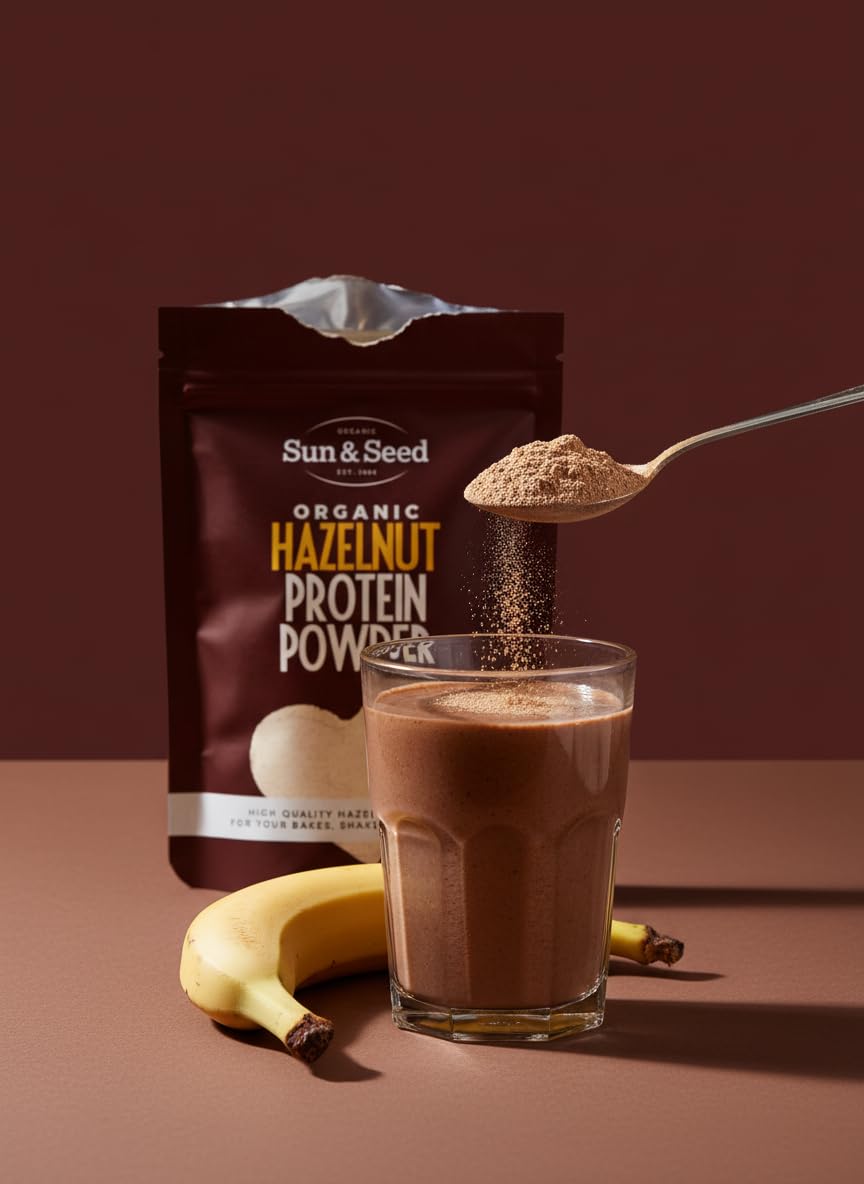 Sun & Seed Organic Hazelnut Protein Powder 300g – Cold-Pressed & Stone-Ground – High Protein, High Fibre, Low Fat – Rich in Vitamin E, Manganese & Copper – Vegan, Gluten-Free – Baking & Smoothies