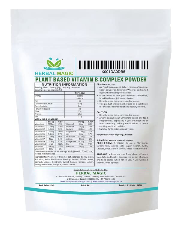 Herbal Magic's Pure & Natural Blend -Vitamin B-Complex Powder - Made from 14 Different Fruits, Vegetables & Herbs UKAS LAB Tested in UK No Fillers/Colors/Preservatives/maltodextrin-100g
