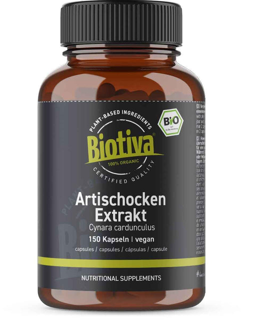 Biotiva Artichokes Extract Organic - 300 (2x150) Capsules - Organic Extract - from Fresh Artichoke Leaves - high dose with 10-20:1 Ratio - Minimum 2,5% Cynari - Packed in Germany - Vegan